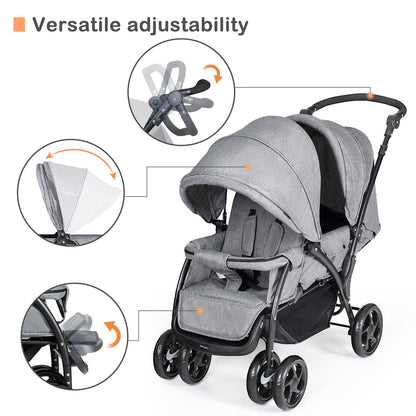 Maxmass Double Seat Baby Stroller, Folding Infant Pushchair with Adjustable Handlebar & Backrest, Storage Basket and Detachable Canopy, Travel Toddler Buggy for Shopping, Hanging Out (Grey)
