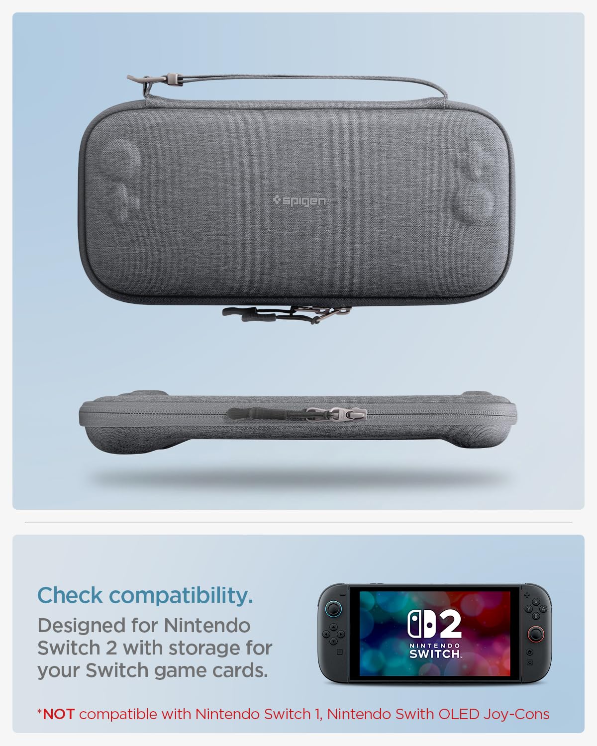 Spigen Klasden Pouch 2 for Nintendo Switch 2 in charcoal gray, compact travel case with 12 game slots, rear grip, and G hook.