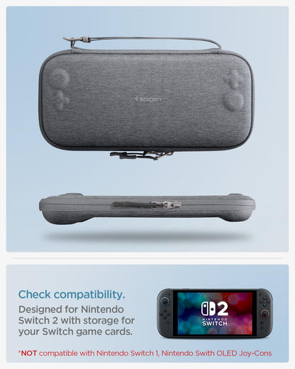 Spigen Klasden Pouch 2 for Nintendo Switch 2 in charcoal gray, compact travel case with 12 game slots, rear grip, and G hook.