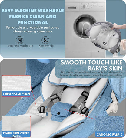 Baby Bouncer, Portable Electric Baby Swing with Bluetooth, 5 Swing Speed, 3-Stage Timer, 5-Point Harness, Remote Control & Touch Panel, Bouncer from Birth with 2 Soft Toys & Soft Pillow (Blue)