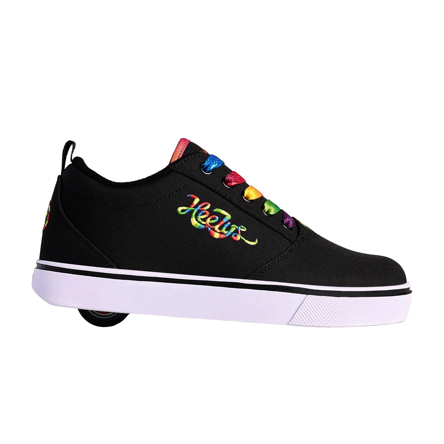 Heelys Girl's Pro 20 wheeled heel shoe in black rainbow, size 12 UK for children, with a sleek design and integrated wheels.