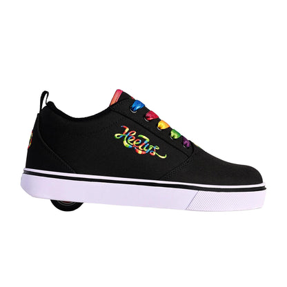 Heelys Girl's Pro 20 wheeled heel shoe in black rainbow, size 12 UK for children, with a sleek design and integrated wheels.
