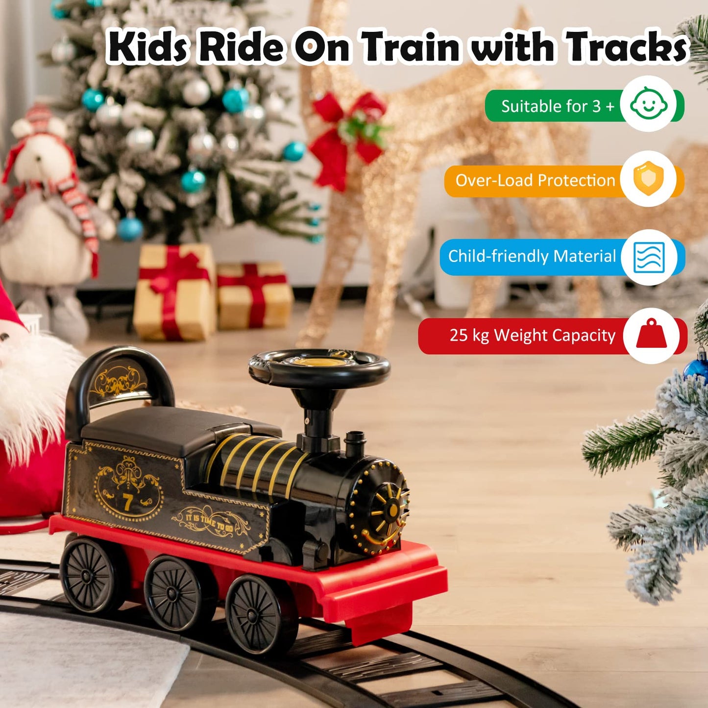 Costway kids electric ride-on train with black body, flashing lights, music, tracks, and storage seat, powered by a 6V battery for children