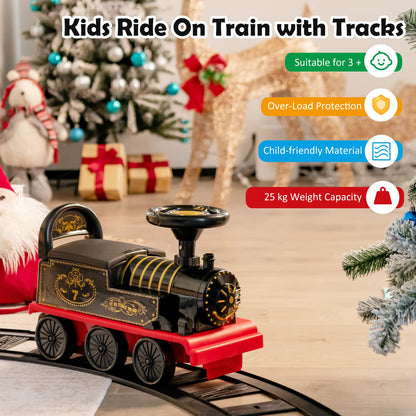 Costway kids electric ride-on train with black body, flashing lights, music, tracks, and storage seat, powered by a 6V battery for children