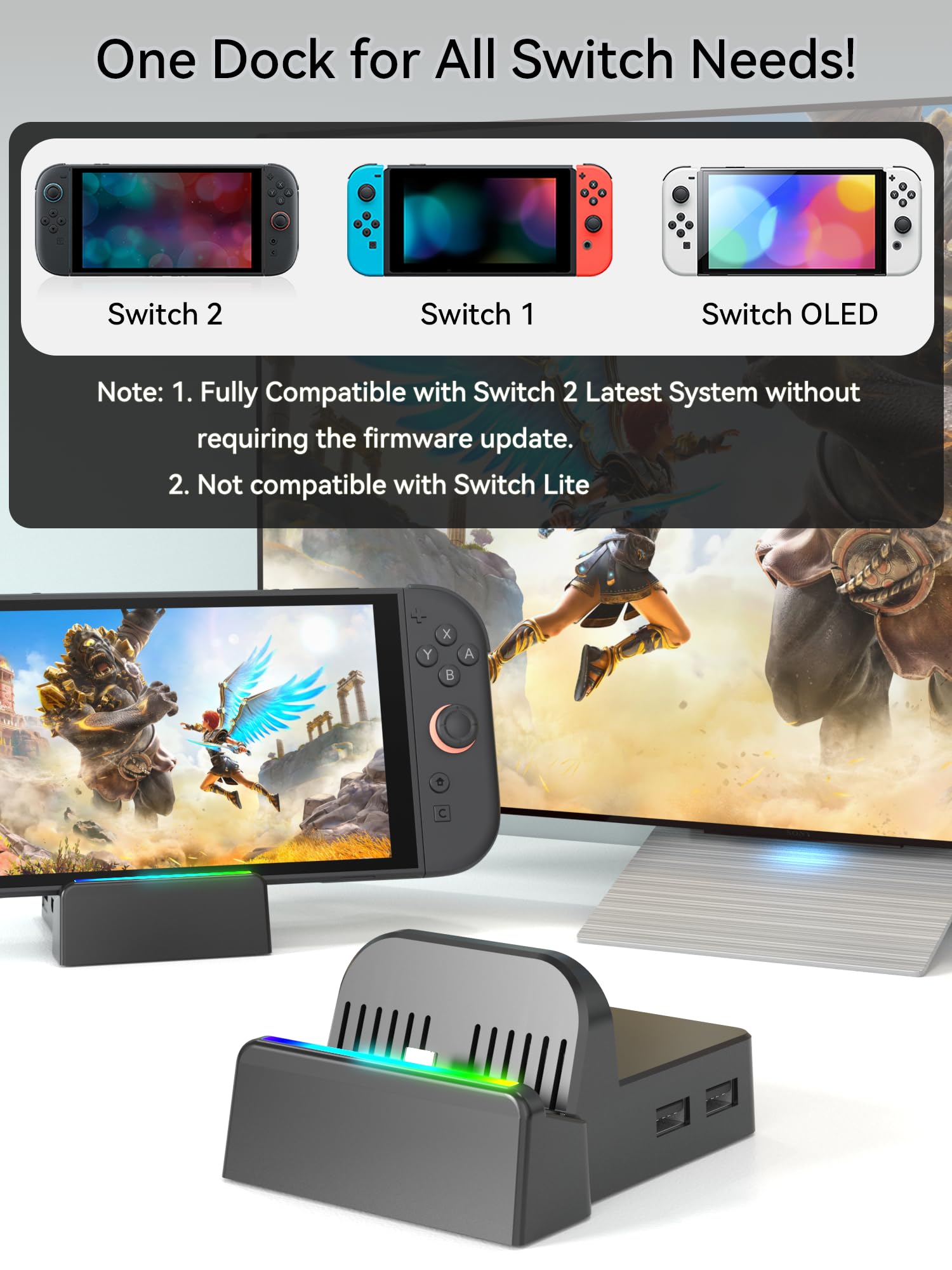 QJYKIONE portable Nintendo Switch dock with 4K HDMI output, supports Switch 2/OLED, compact design, no charger or cable included.