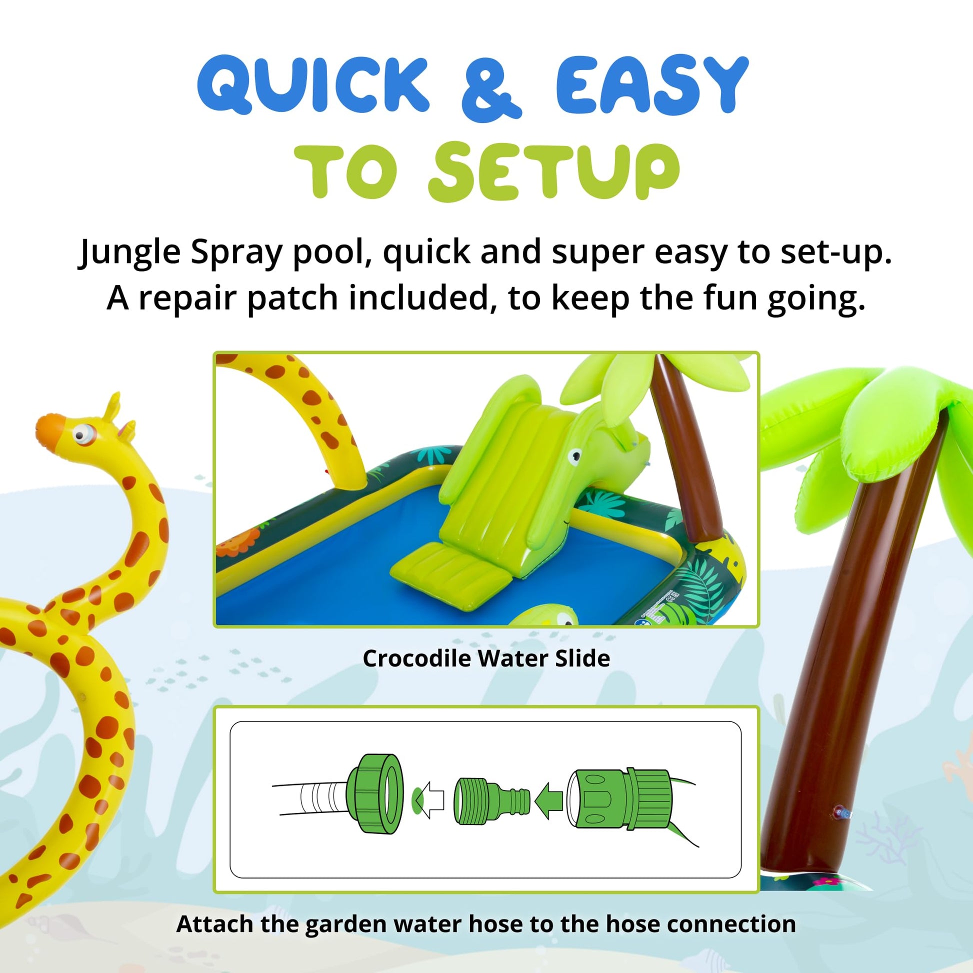 Splosh Jungle Animal Activity Paddling Pool with slide, colorful design for toddlers aged 2-5, includes inflatable ring toss game.