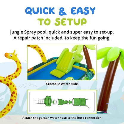 Splosh Jungle Animal Activity Paddling Pool with slide, colorful design for toddlers aged 2-5, includes inflatable ring toss game.