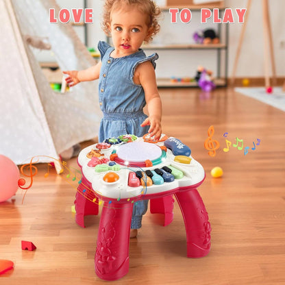 Innoocool Baby Activity Table Sensory Toys, Birthday Gift Music Learning Table for 0-6 Months 1 2 3 Year Old Boys and Girls, Early Education Music Table with Light and Sound 30×30×29cm, Red