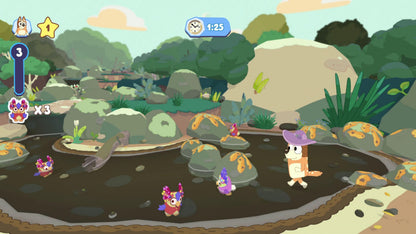 Bluey: The Videogame for Nintendo Switch, featuring colorful game cover art with Bluey and friends from Outright Games.