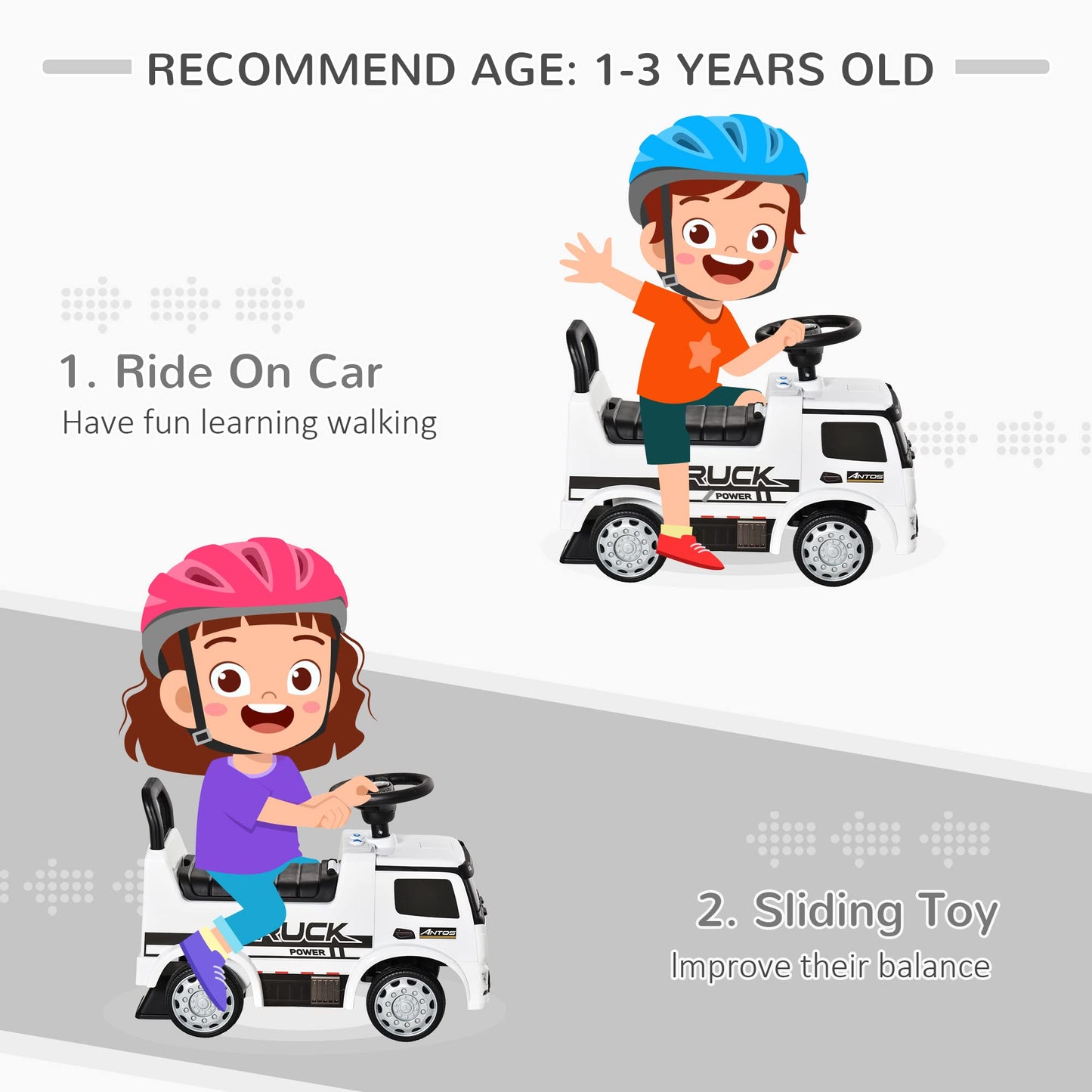 HOMCOM 3-in-1 Ride On Car Foot To Floor Slider Toddler w/Horn Steering Wheel NO POWER Manual Under Seat Storage Safe Design for 1-3 Year Old White