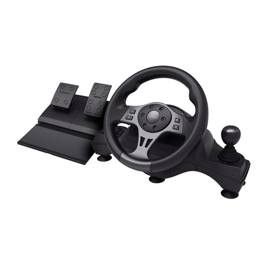 Trust GXT 289 gaming steering wheel with pedals, paddle shifters, gear stick, and vibration feedback for PC, Xbox, PS4, and Switch.