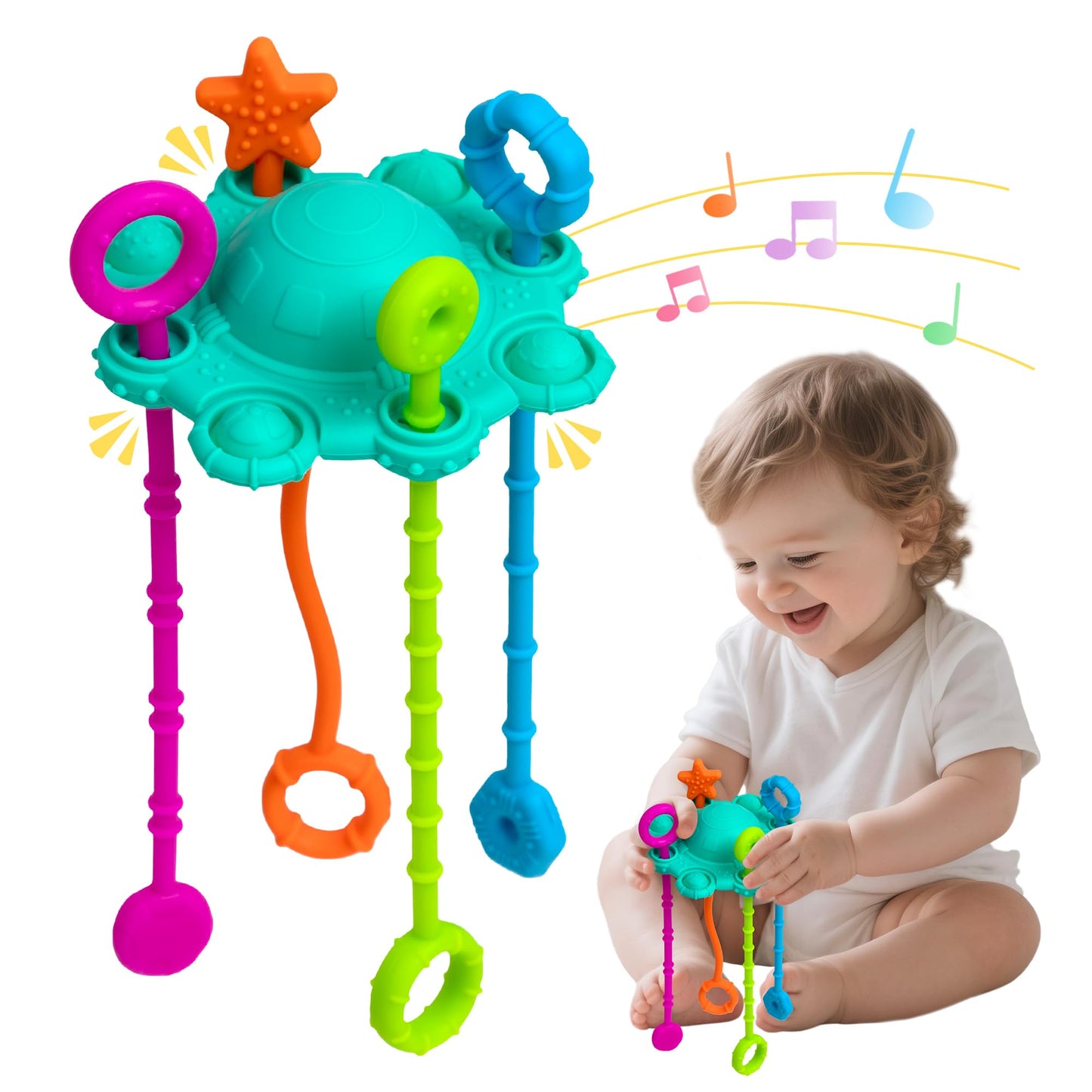ROWFEN Baby Travel Toys - Montessori Silicone Pull String Toy Develops Sensory Skills for Babies, Built-in Rattle and Soft Press Function, Safe and Easy to Clean Design (Spearmint)