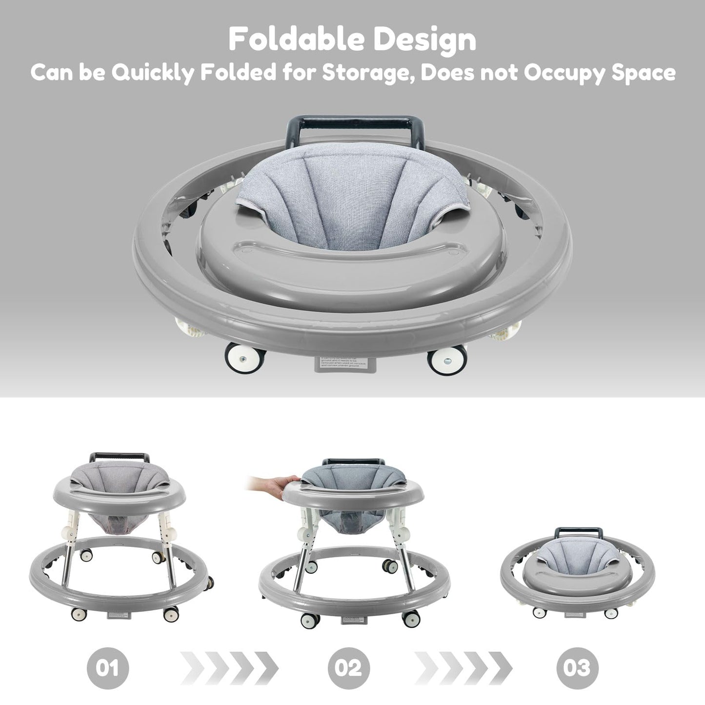 Grey Fugualin baby walker with wheels, activity center, mute wheels, anti-rollover feature, 5-height adjustable, foldable baby walker