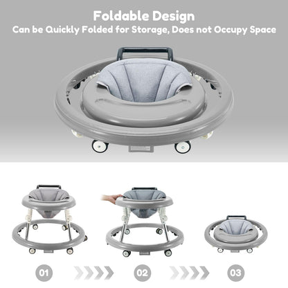 Grey Fugualin baby walker with wheels, activity center, mute wheels, anti-rollover feature, 5-height adjustable, foldable baby walker