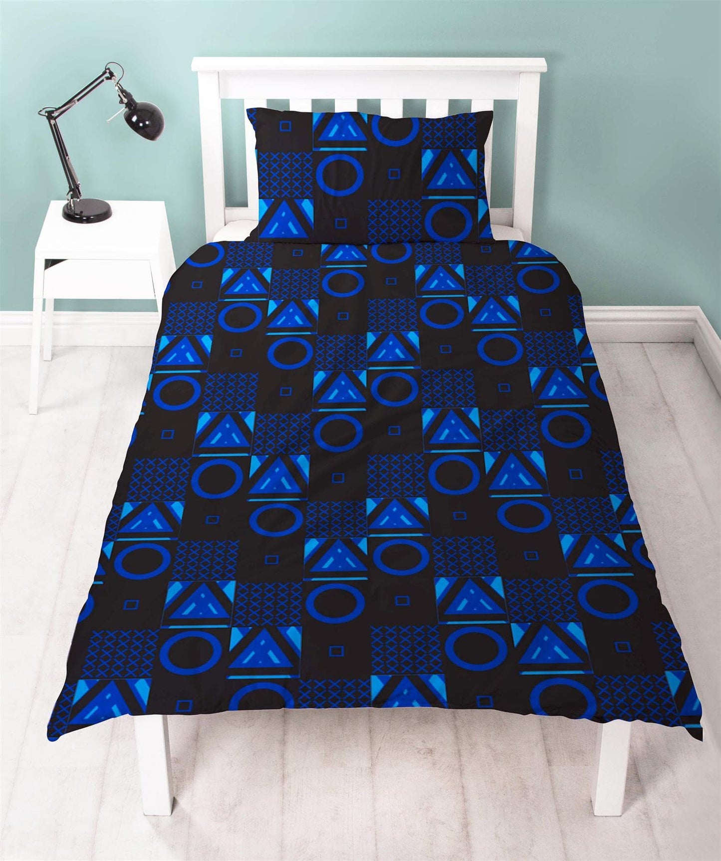 PlayStation Checks double duvet cover with controller icons design and matching pillowcase, reversible bedding set with official branding.