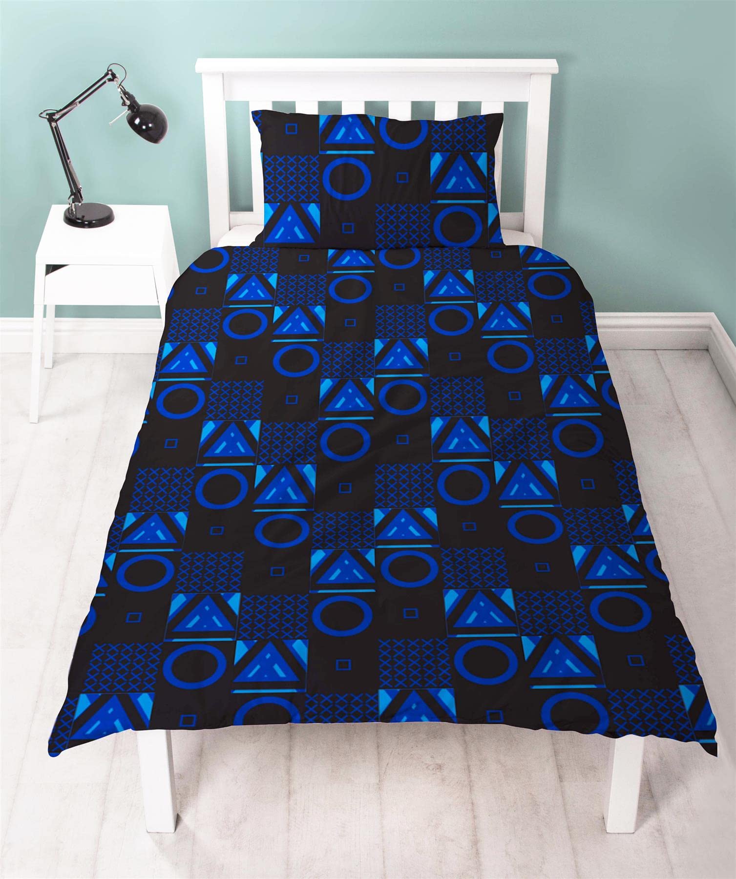 PlayStation Checks double duvet cover with controller icons design and matching pillowcase, reversible bedding set with official branding.