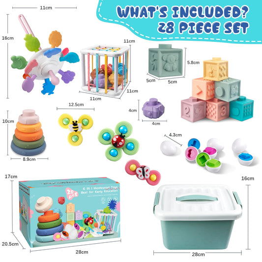 Plunack 6 in 1 Montessori Babies Toys - Stacking Rings, Blocks, Shape Sorter, Matching Eggs, Suction Cup Toy, Baby Sensory Gifts