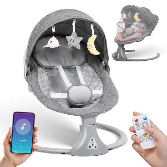 Gray Kisdream baby swing chair with Bluetooth remote, adjustable angles, 5-speed bouncer, 12 lullabies, and electric rocking.
