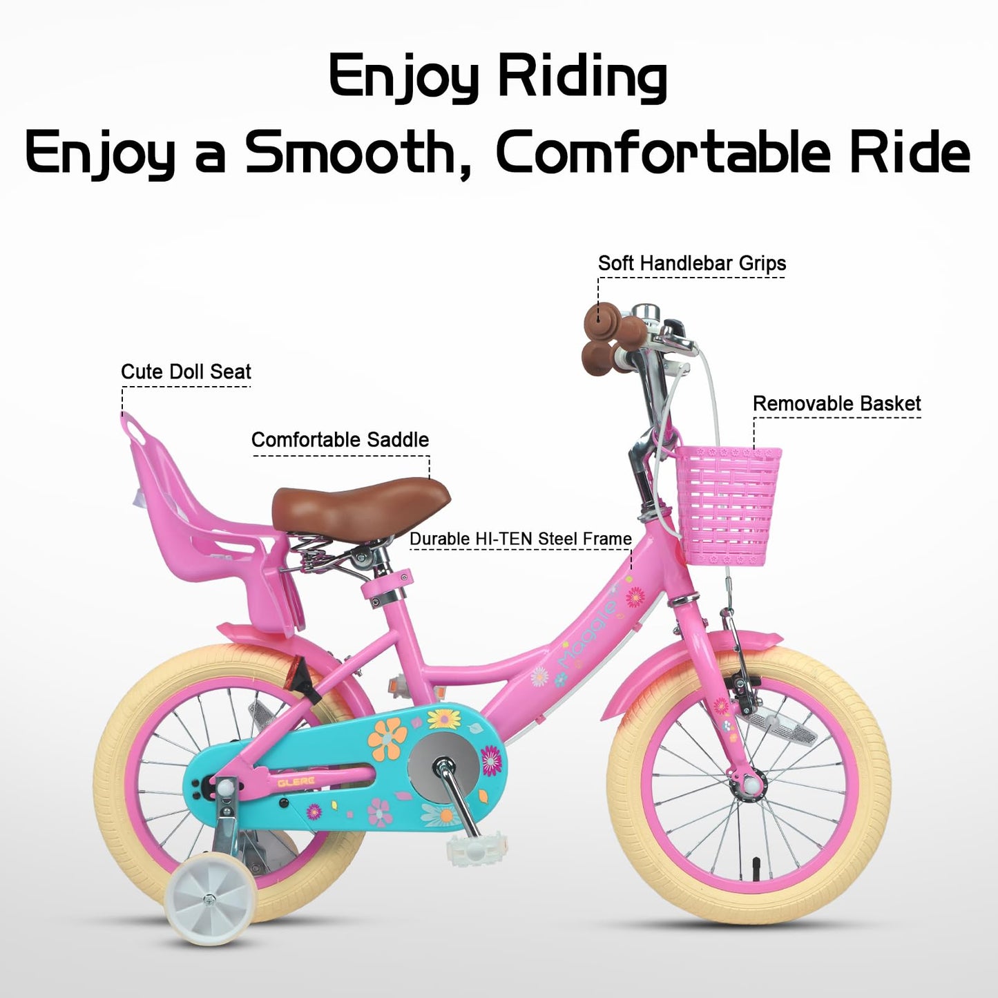 Glerc Maggie 14 Inch Kids Bike for 3 4 5 6 Years Old Little Girls Toddler Bicycles with ith Doll-Seat & Basket & Stabilisers for Gift, Pink
