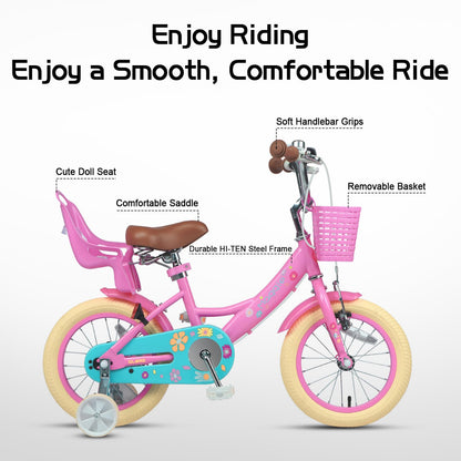 Glerc Maggie 14 Inch Kids Bike for 3 4 5 6 Years Old Little Girls Toddler Bicycles with ith Doll-Seat & Basket & Stabilisers for Gift, Pink