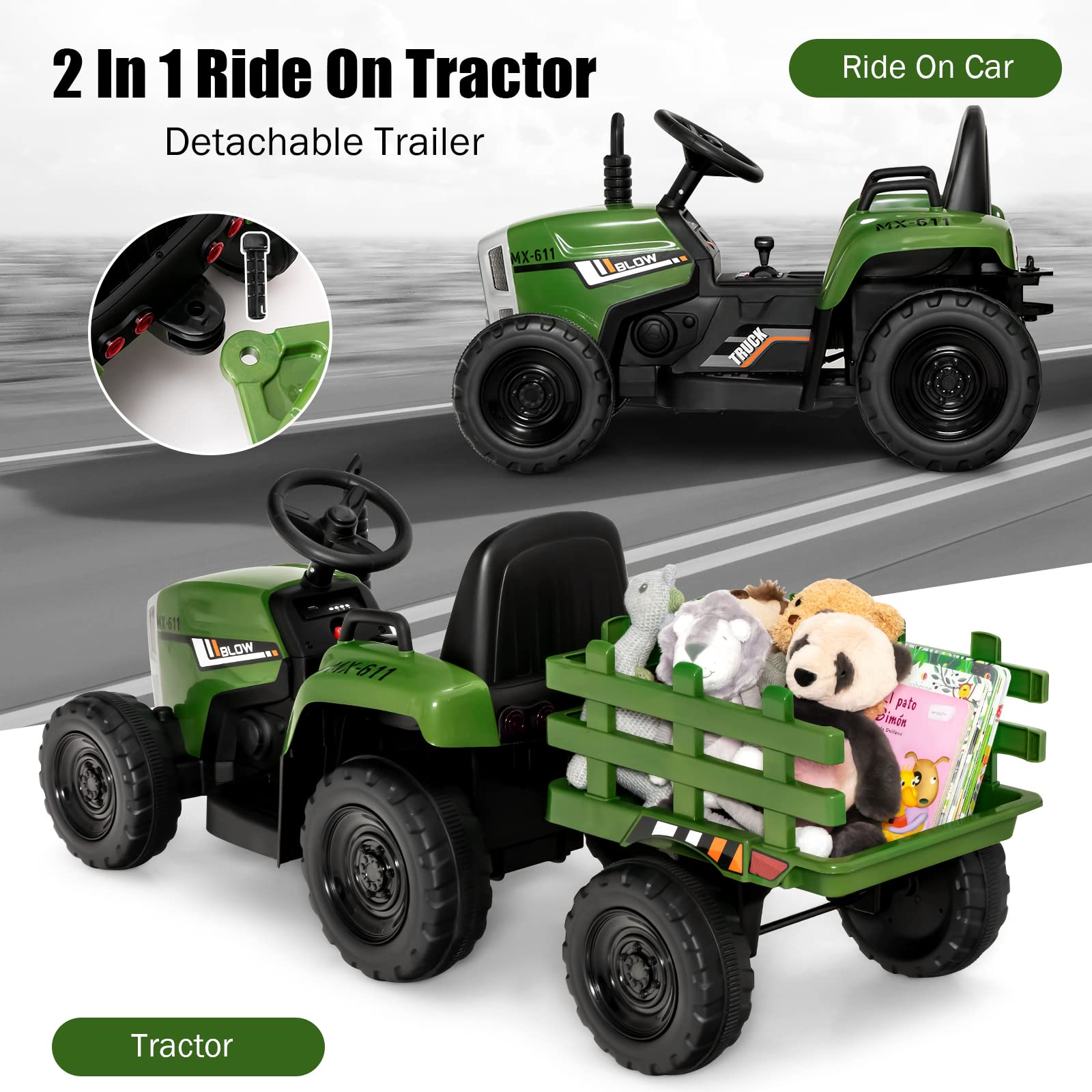 COSTWAY 12V green ride-on tractor with trailer for kids, featuring LED lights, USB and Bluetooth music, remote control, four wheels.
