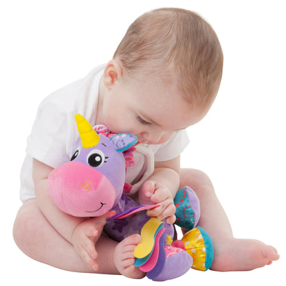 Playgro Activity Friend Stella Unicorn - Delight Your Baby Girl with this Sensory Development Toy, Ideal Baby Girl Gift for 0+ Months - On-The-Go Fun with Car Seat Toys and Pram Toy