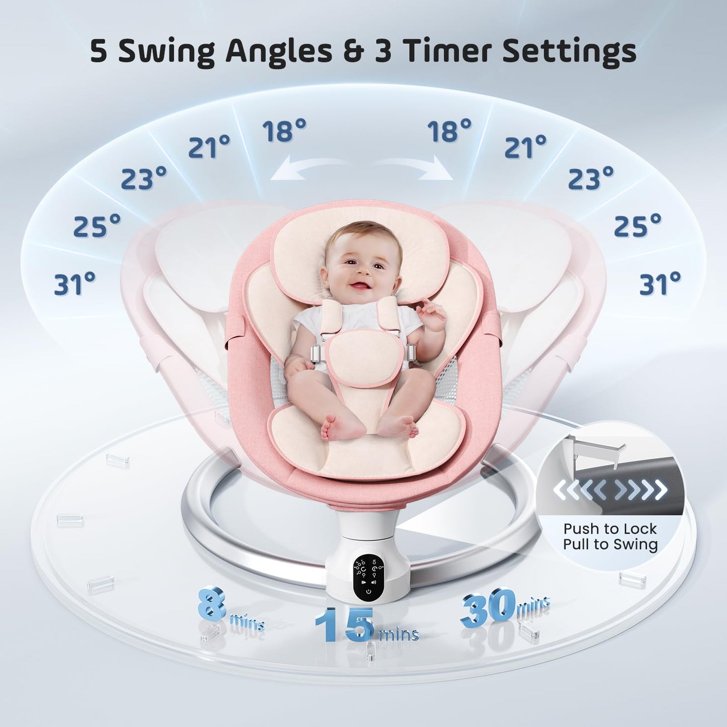 Aoykkii Electric Baby Bouncer Chair with Mobile App Control,Remote Control and IMD Touch Panel,Electric Baby Swing with 5 Swing Amplitudes 3-Stage Timer,Soft Padded Lamb Newborn Bouncer (Pink)