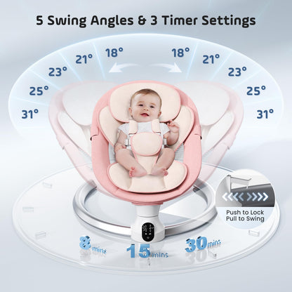 Aoykkii Electric Baby Bouncer Chair with Mobile App Control,Remote Control and IMD Touch Panel,Electric Baby Swing with 5 Swing Amplitudes 3-Stage Timer,Soft Padded Lamb Newborn Bouncer (Pink)