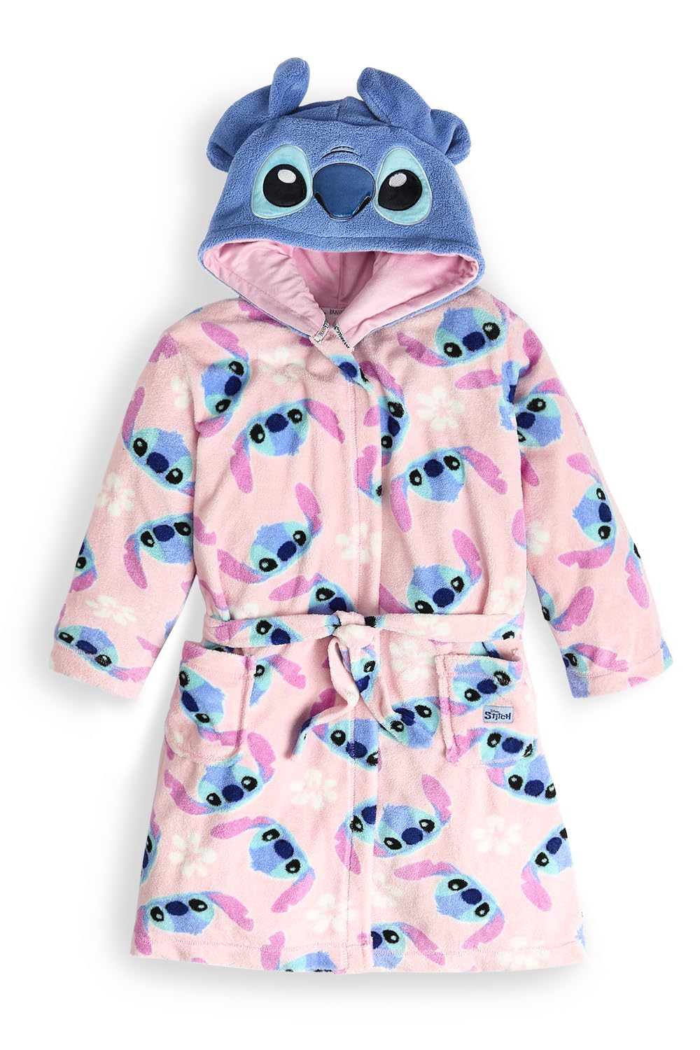 Disney girls Stitch dressing gown with hood, 3D ears, floral print, tie belt, and pockets, perfect for cozy loungewear or bathrobe.
