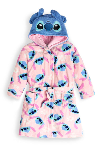Disney girls Stitch dressing gown with hood, 3D ears, floral print, tie belt, and pockets, perfect for cozy loungewear or bathrobe.