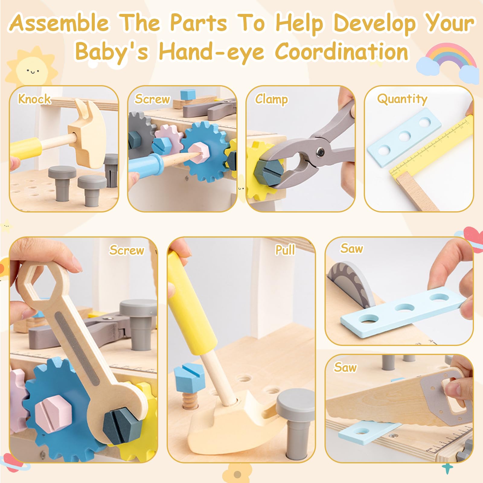 Caossuixin wooden baby walker with shape sorter, toy tools, workbench, and clock for toddlers aged 6-12 months.