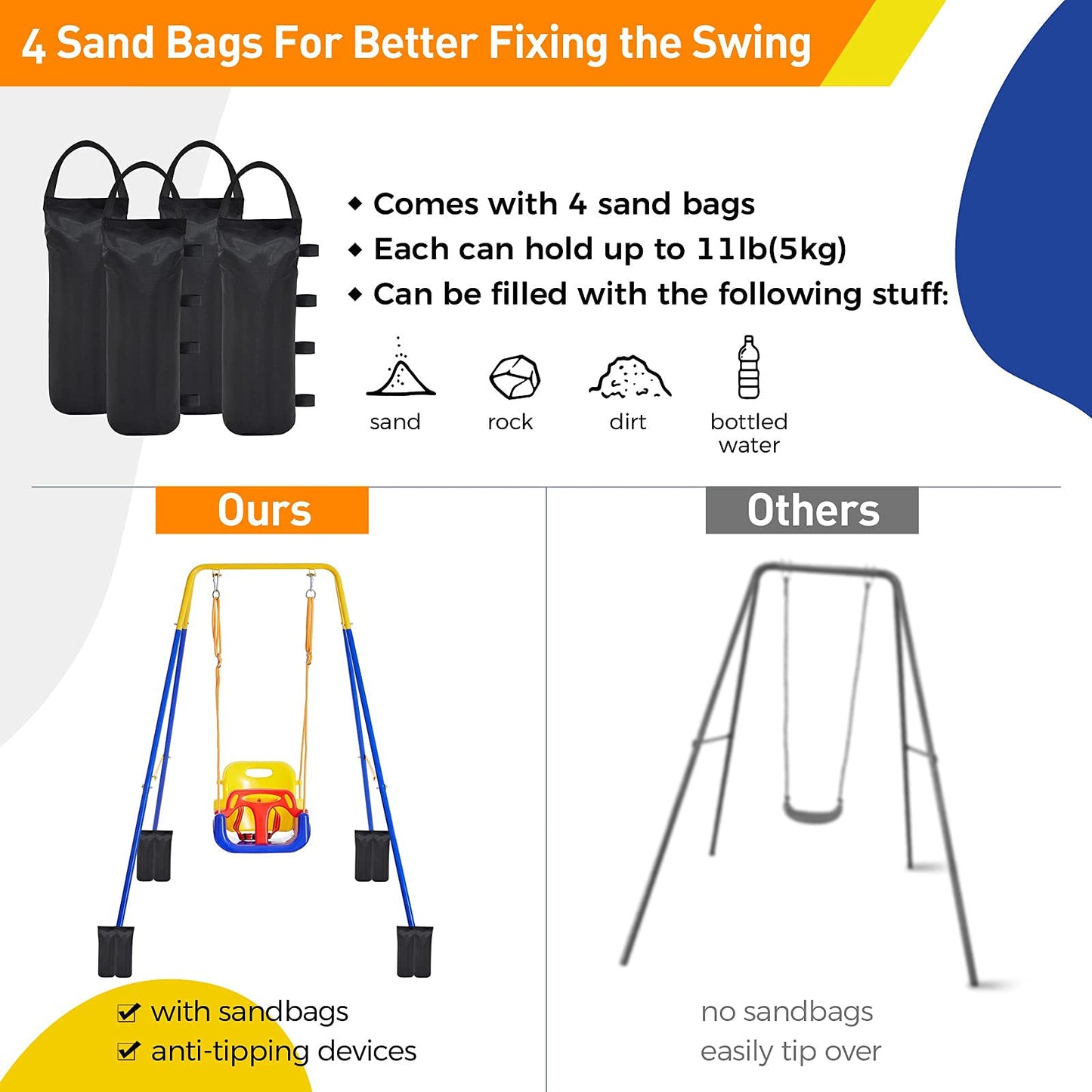 FUNLIO 3-in-1 Swing Set for Toddler with 4 Sandbags, Heavy-Duty Kid Swing Set with Safety Harness, for Backyard, Indoor/Outdoor Play, Folding Metal Stand & Clear Instruction, Easy to Assemble & Store