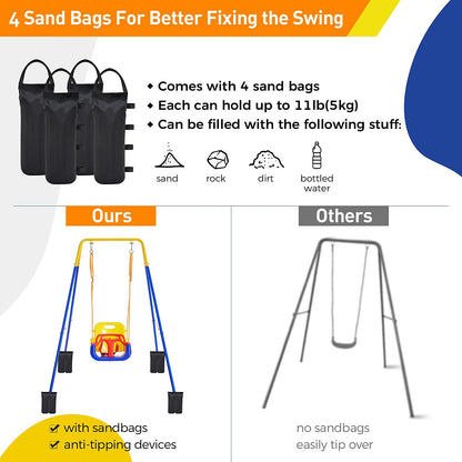 FUNLIO 3-in-1 Swing Set for Toddler with 4 Sandbags, Heavy-Duty Kid Swing Set with Safety Harness, for Backyard, Indoor/Outdoor Play, Folding Metal Stand & Clear Instruction, Easy to Assemble & Store