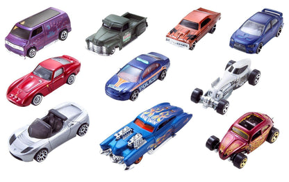 Hot Wheels set of 20 assorted cars and trucks in 1:64 scale, featuring race, sport, and rescue vehicle styles.