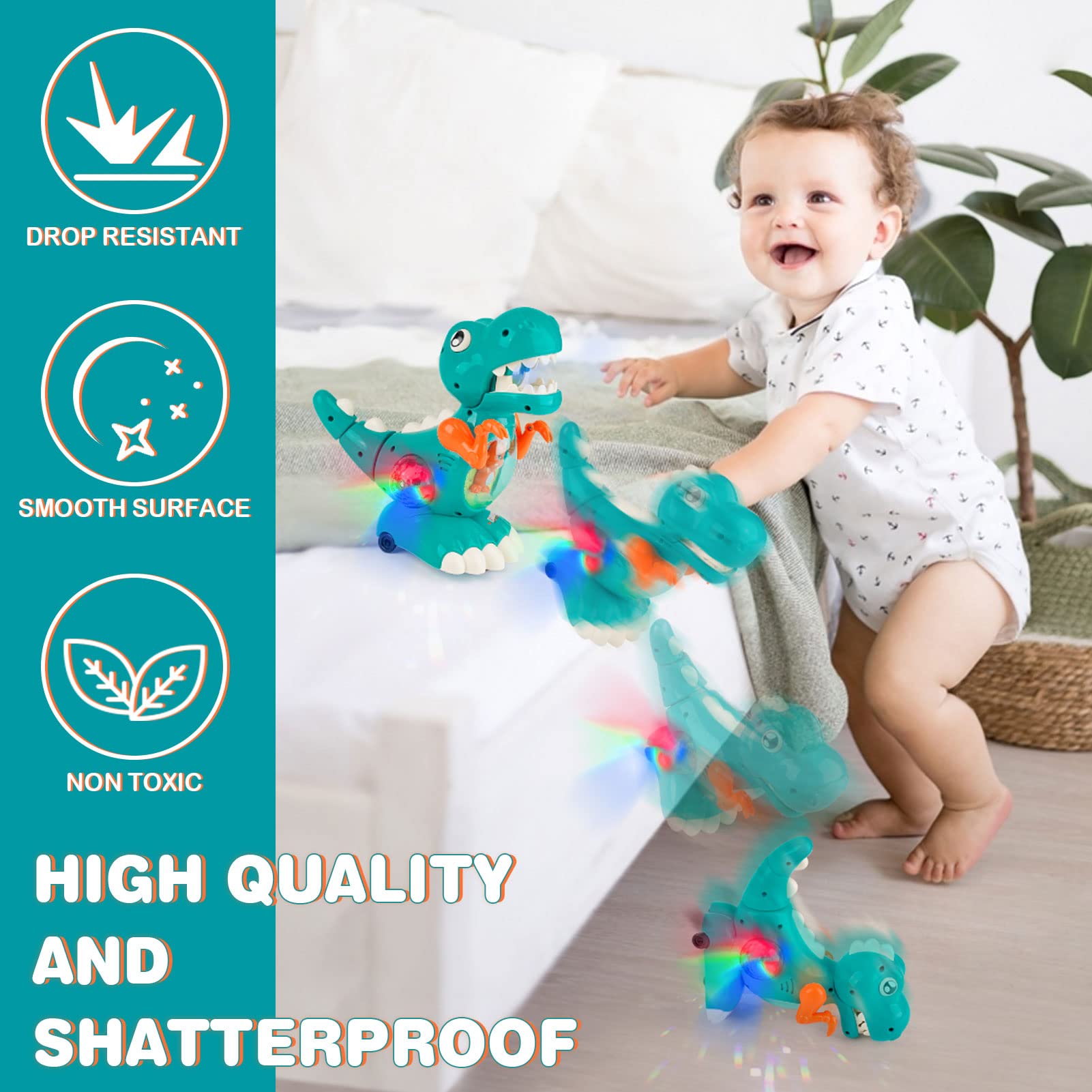 Colorful DINORUN crawling dinosaur toy with musical lights, designed for sensory play for babies and toddlers.