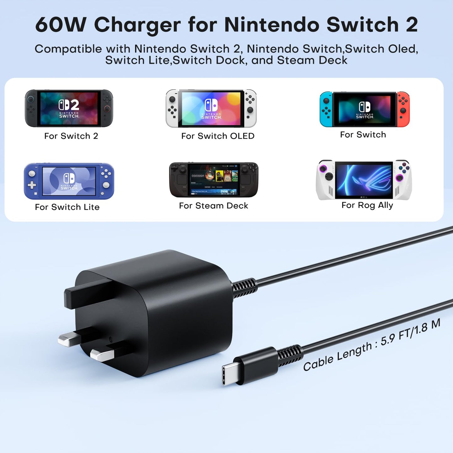 Gqohrt 60W USB C charger for Nintendo Switch and Steam Deck, with 6ft cable, fast charging, and TV dock mode support.