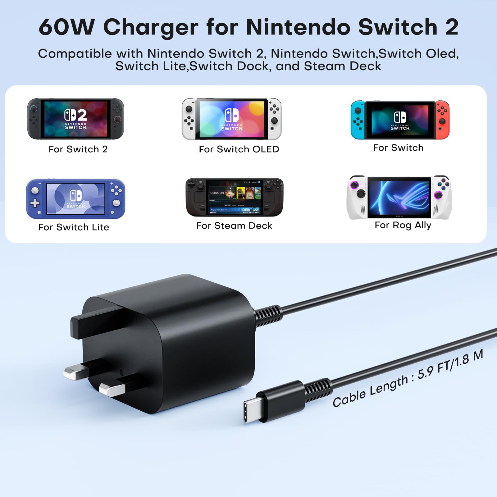 Gqohrt 60W USB C charger for Nintendo Switch and Steam Deck, with 6ft cable, fast charging, and TV dock mode support.