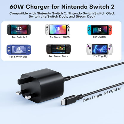 Gqohrt 60W USB C charger for Nintendo Switch and Steam Deck, with 6ft cable, fast charging, and TV dock mode support.