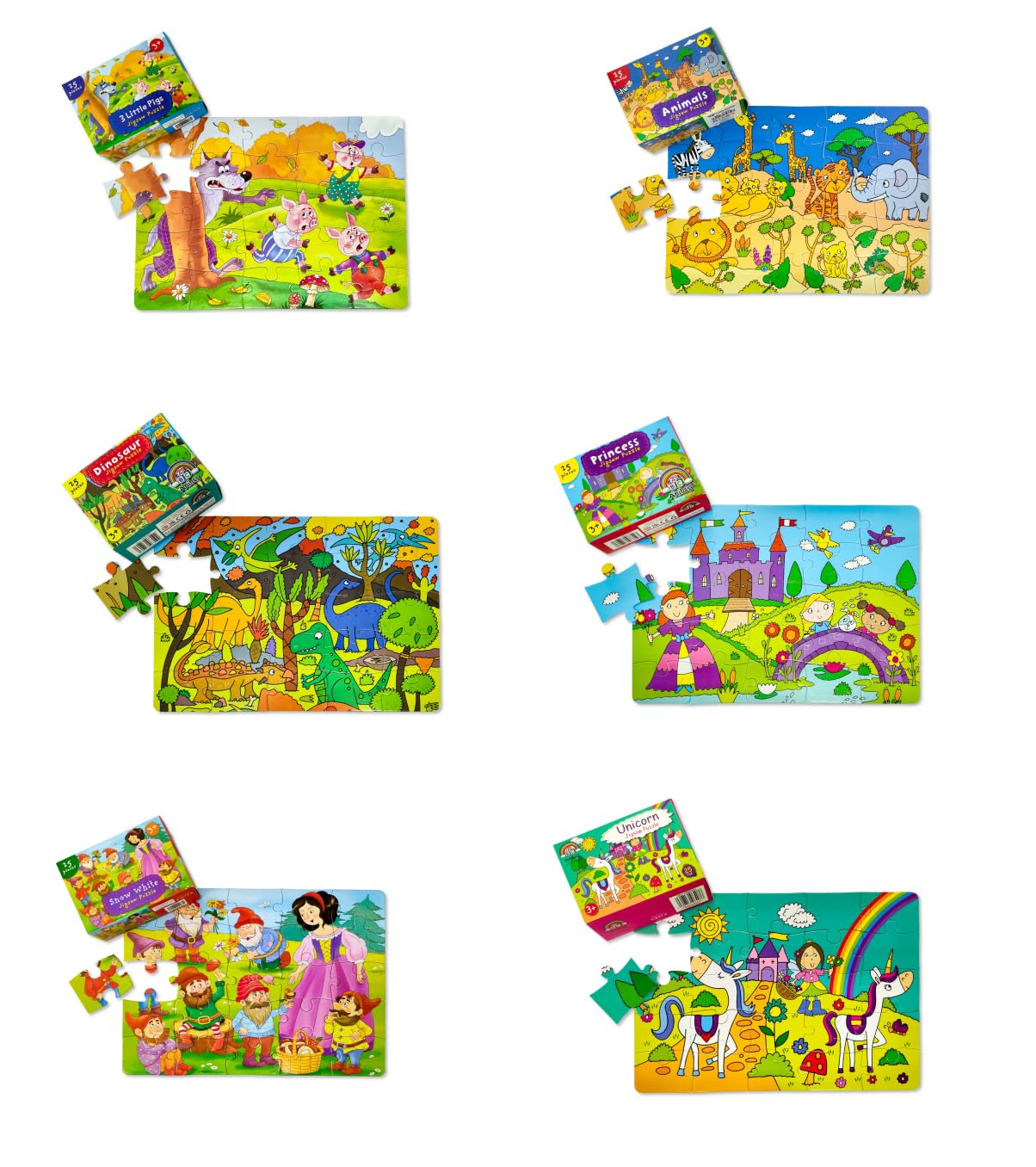 Anila's Children's Jigsaw Puzzle set with six designs, 25 pieces each, suitable for ages 3-8, on a 35x25 cm board.