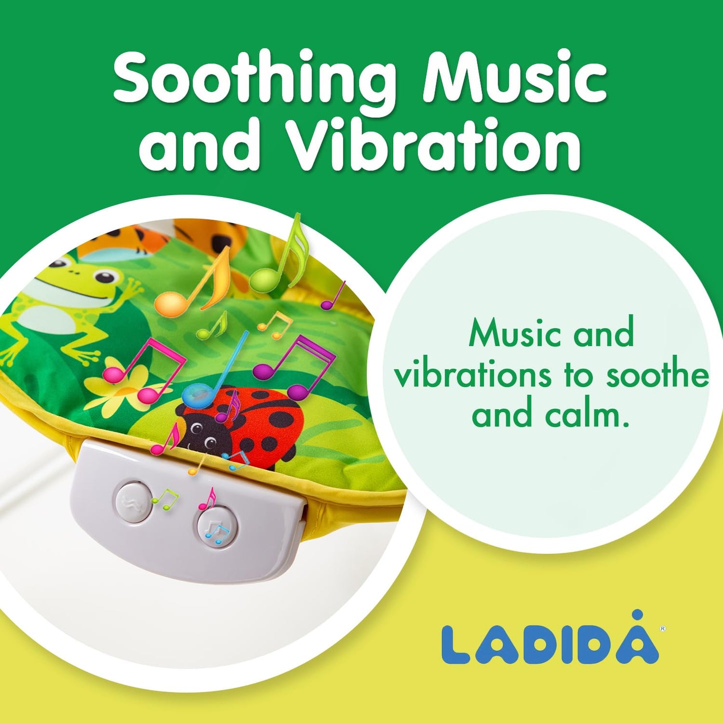 LADIDA Baby Bouncer, Bright and Colourful Safari Theme, Soothing Music and Vibration to Relax and Entertain Baby