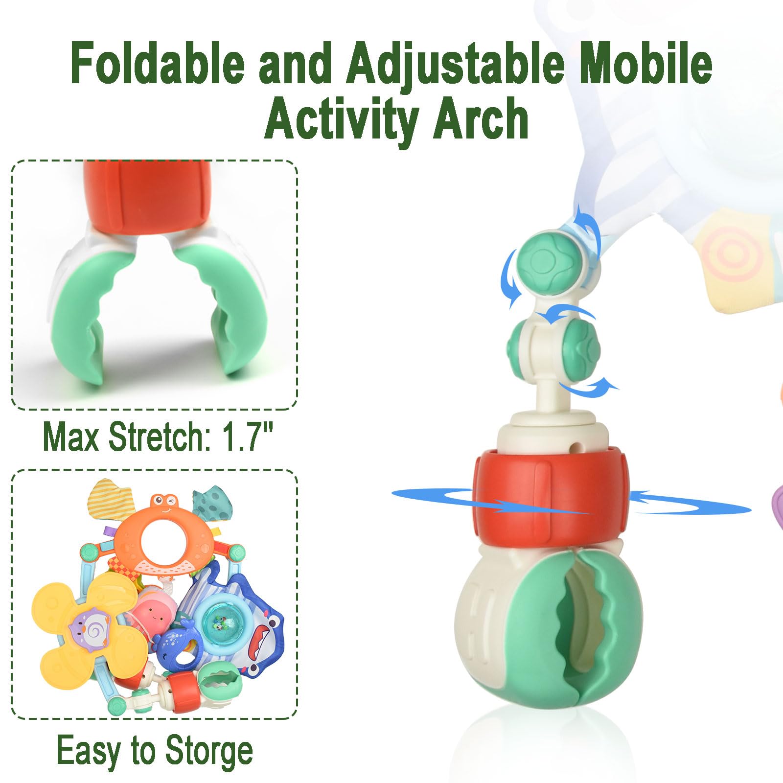 Coriver baby arc pram toys with adjustable clip, soft plush animals, and musical sensory features for newborns and toddlers in strollers