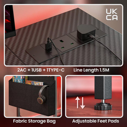 DOMSHOCT L-shaped gaming desk with LED lights, power outlets, storage bag, adjustable shelves, monitor stand in carbon black.