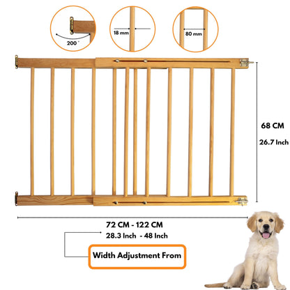 Extendable NOVECRAFTO wooden baby gate with lock, versatile safety gate for doorways, staircases, pets, and babies, 28.3-48 inches.