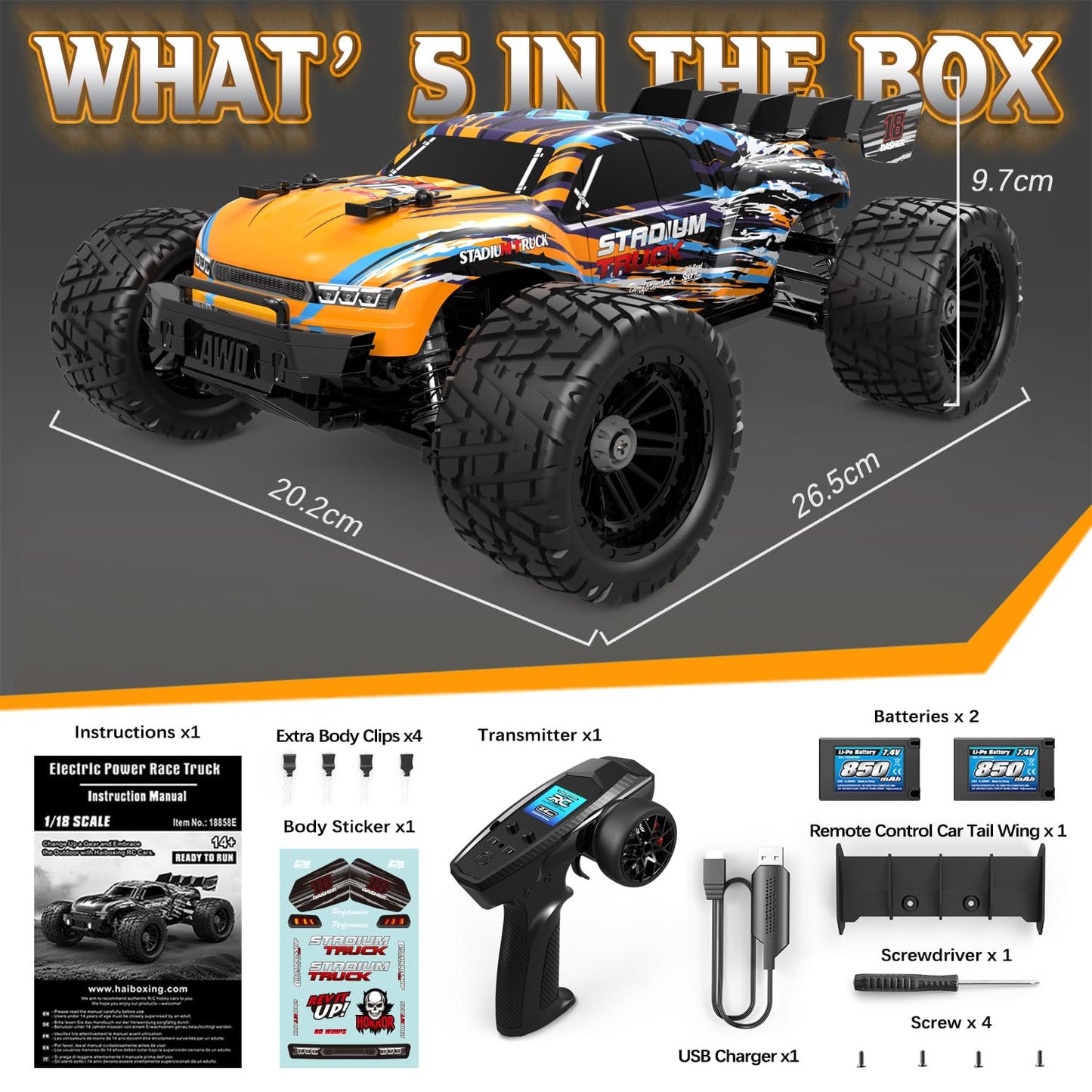 HAIBOXING RC Cars 18858E,36 KM/H High Speed Remote Control Cars for Adults Kids,1:18 2.4GHz 4WD Off-Road RC Monster Truck，ALL Terrain Toys Vehicle with 2 Batteries, Xmas Gifts for Kid and Adults