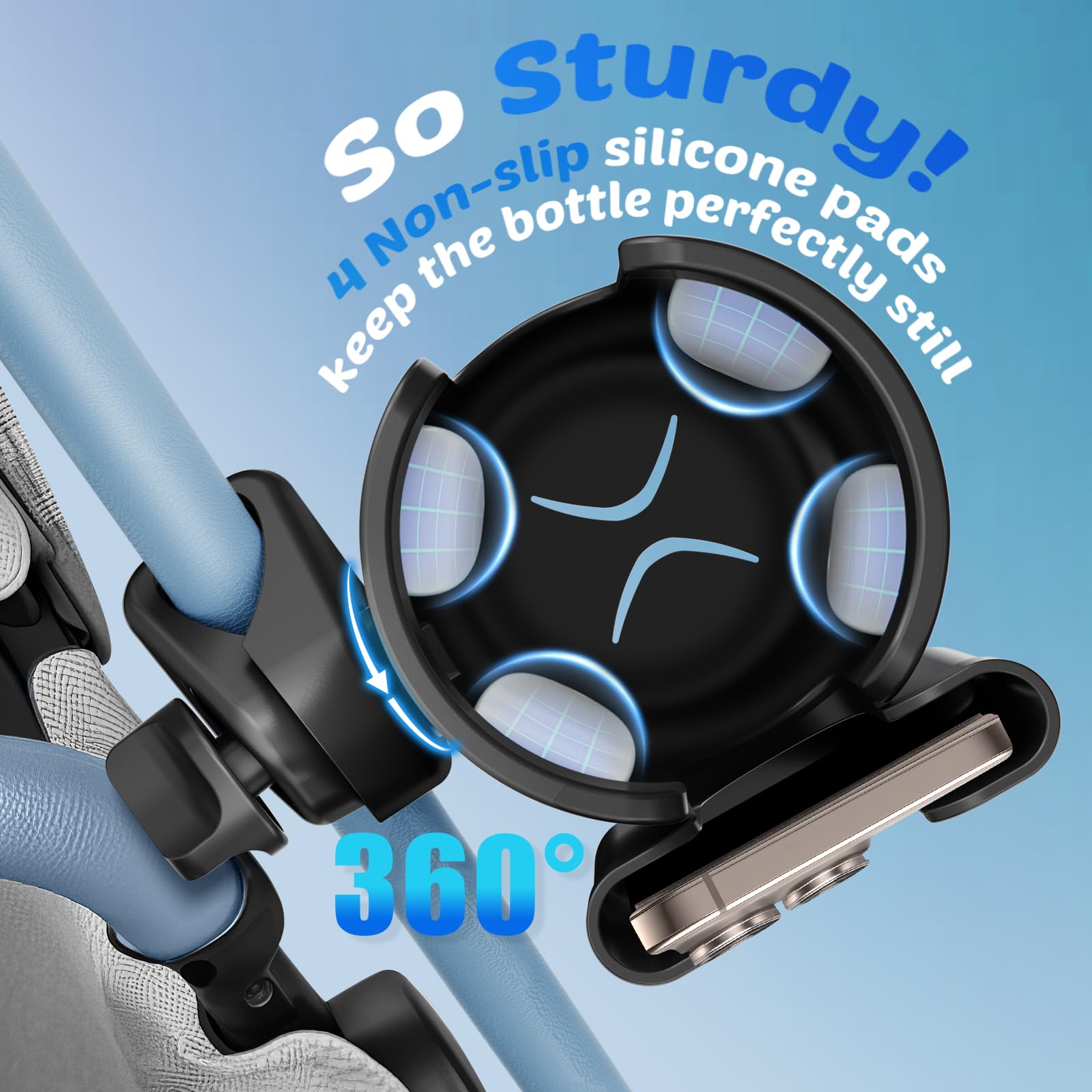 Guiseapue universal pram cup holder with phone holder, mounted on stroller handle, for drinks and mobile devices on baby buggies.