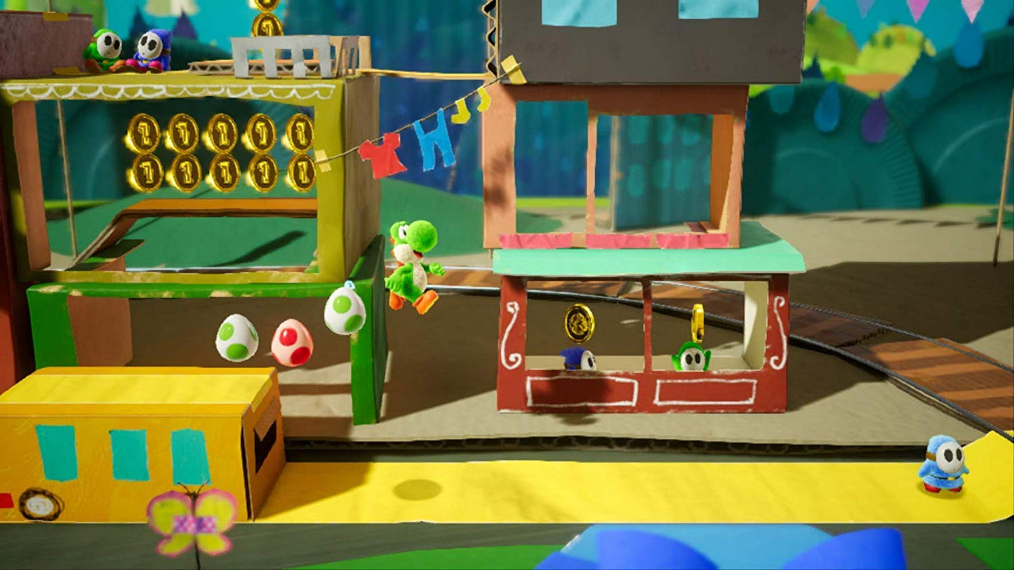 Nintendo's Yoshi's Crafted World game for Nintendo Switch, featuring colorful handcrafted Yoshi characters and vibrant game scenery.