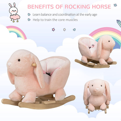 HOMCOM Kids Rocking Rabbit, Plush Rocking Horse Ride-On w/Sound, Wood Base, Seatbelt, for Ages 18-36 Months, Pink
