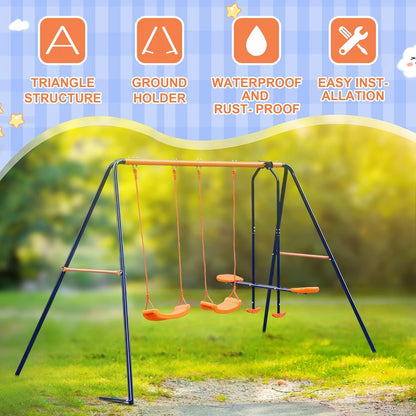 Metal Kids Garden Swing Set for Toddler, Heavy-Duty A-Frame with Double Swings and Glider,Adjustable Hanging Rope,Children Outdoor Backyard swing Set for 3+ Years Old, 200Kg