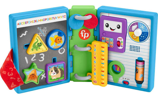Fisher-Price Laugh & Learn 123 Schoolbook toy with colorful lights, music, and learning buttons for infants and toddlers.