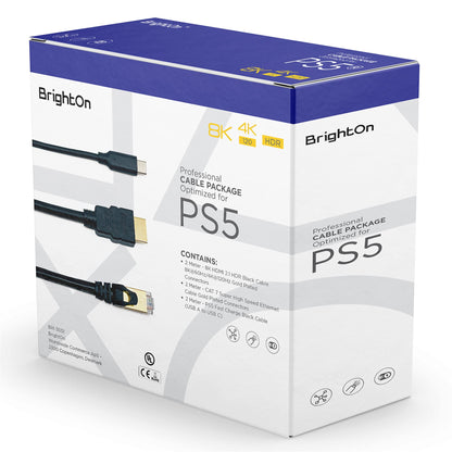 BrightOn HDMI 2.1 high-speed cable with gold-plated connectors, 2 meters, compatible with PS5 for 8K and 4K gaming and fast charging.